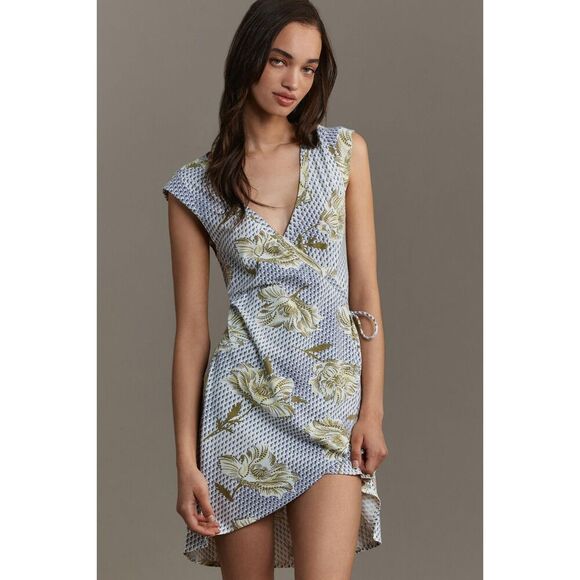 NWT ANTHROPOLOGIE Daily Practice Blue Green Floral Wrap Mini Dress Small Petite - Picture 1 of 10
